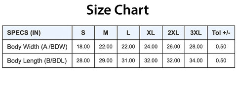 Tank Top - Sizing Chart