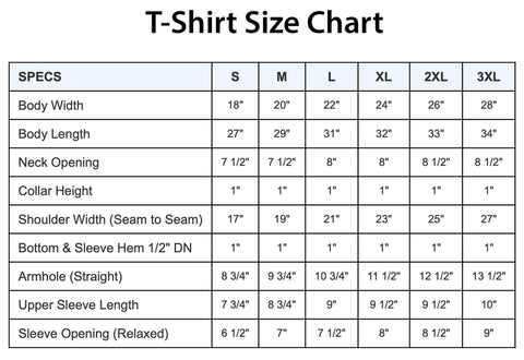 DBK adult t-shirt sizing charts