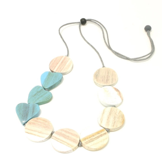 White and Blue Wooden Heart & Disc Necklace - chiangmaicctv slow fashion bryn walker linen Hamilton sustainable fashion gifts sari not sari Hamilton Fair trade  Ethical  Artisan made  Zero waste  Up-cycled Slow Fashion  Handmade  GTA Toronto Copper Pure Upcycled vintage silk handmade recycled recycle copper pure silk travel clothing hamilton vacation cruisewear resortwear bathing suit bathingsuit vacation etsy silk clothing gifts gift dress top pants linen bryn walker alive intentions kaarigar elephants