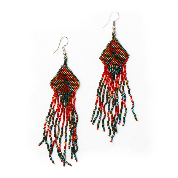 Red Beaded Aztec Style Drop Earrings
