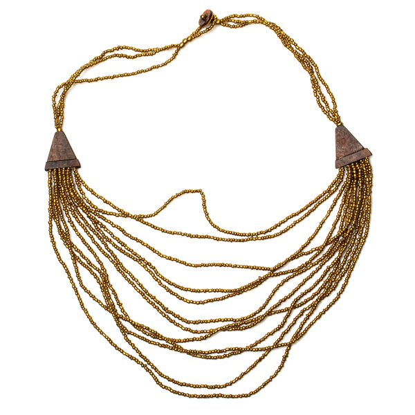 Mustard Beaded Multi Strand Wooden Side Necklace