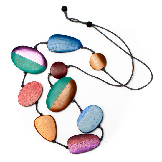 Multi-Colour Two-Tone Wooden Disc Necklace