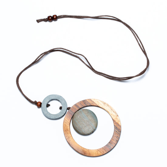 Grey Wooden Ring and Disc Necklace - chiangmaicctv slow fashion bryn walker linen Hamilton sustainable fashion gifts sari not sari Hamilton Fair trade  Ethical  Artisan made  Zero waste  Up-cycled Slow Fashion  Handmade  GTA Toronto Copper Pure Upcycled vintage silk handmade recycled recycle copper pure silk travel clothing hamilton vacation cruisewear resortwear bathing suit bathingsuit vacation etsy silk clothing gifts gift dress top pants linen bryn walker alive intentions kaarigar elephants