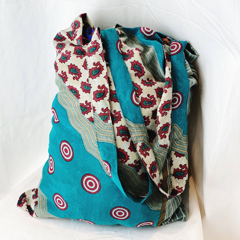 Up-Cycled Pure Silk Tote Bag with Self Storage Pocket