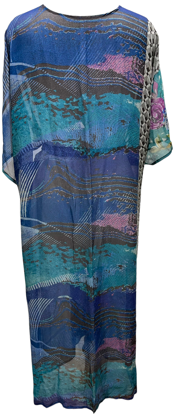 PRG2089 Grand Comoro Brush Warbler Sheer Long Pure Silk Kimono-Sleeved Duster with Belt