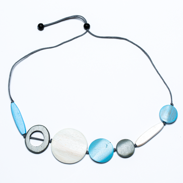 Blue and Grey Mixed Shape Adjustable Wooden Necklace