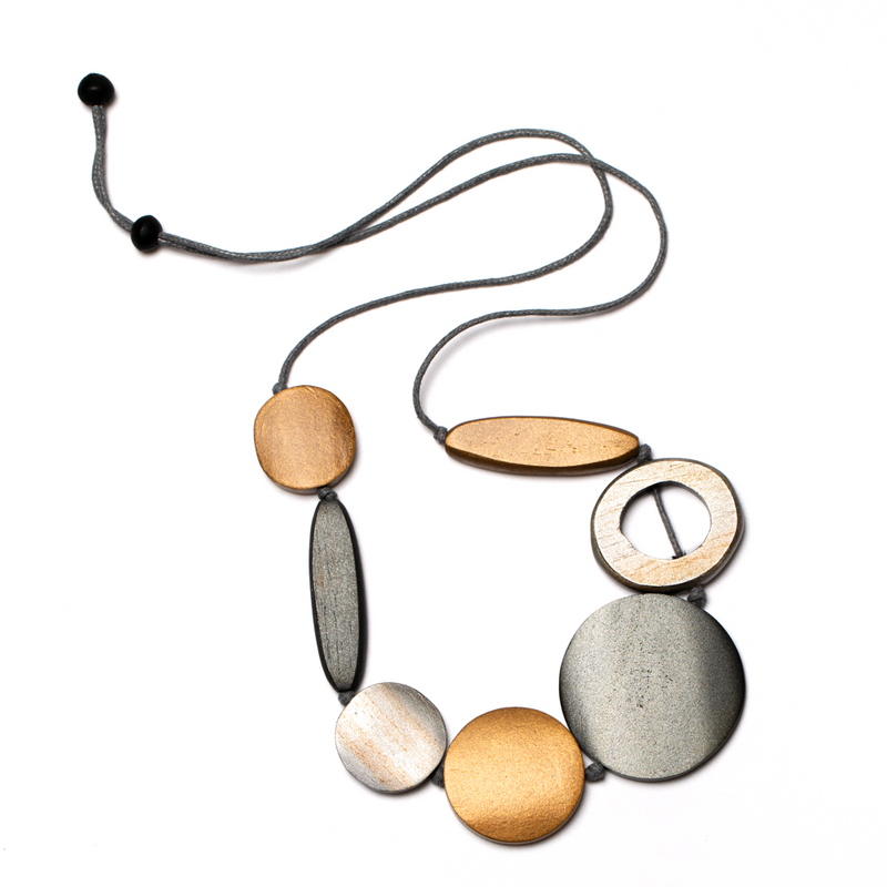 Silver Gold and Gray Mixed Shape Adjustable Wooden Necklace