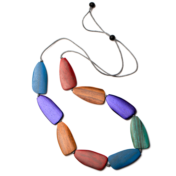 Multi-Coloured Oval Wooden Pebble Necklace - chiangmaicctv slow fashion bryn walker linen Hamilton sustainable fashion gifts sari not sari Hamilton Fair trade  Ethical  Artisan made  Zero waste  Up-cycled Slow Fashion  Handmade  GTA Toronto Copper Pure Upcycled vintage silk handmade recycled recycle copper pure silk travel clothing hamilton vacation cruisewear resortwear bathing suit bathingsuit vacation etsy silk clothing gifts gift dress top pants linen bryn walker alive intentions kaarigar elephants