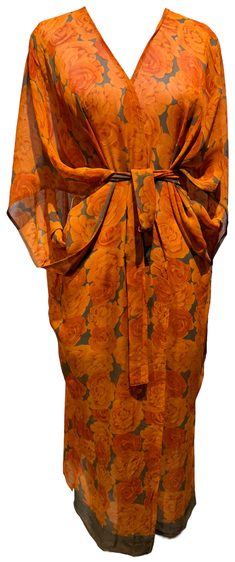 PRG3013 Deborah Remington Sheer Long Pure Silk Kimono-Sleeved Duster with Belt