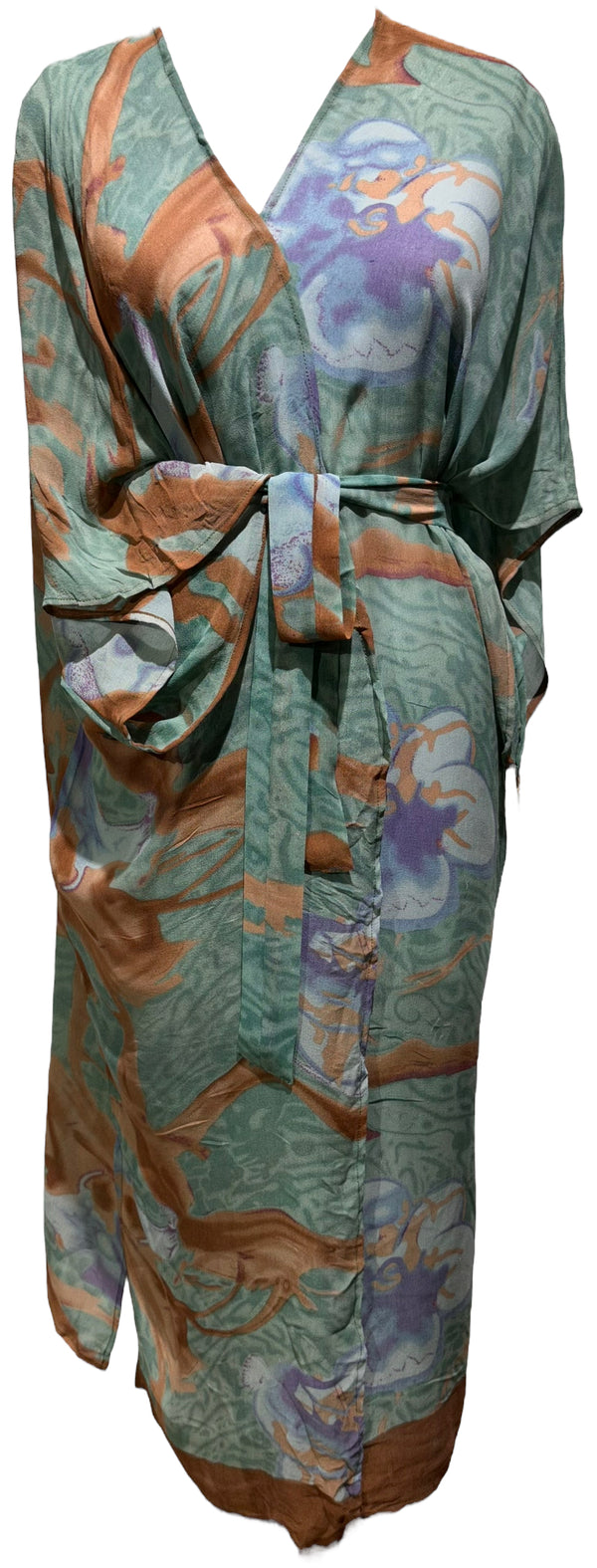 PRG3151 Stephanie Pogue Sheer Long Pure Silk Kimono-Sleeved Duster with Belt