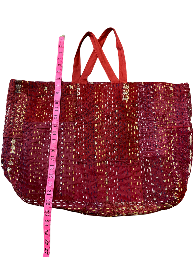 Silk Kantha Stitched Tote Bag - chiangmaicctv slow fashion bryn walker linen Hamilton sustainable fashion gifts sari not sari Hamilton Fair trade  Ethical  Artisan made  Zero waste  Up-cycled Slow Fashion  Handmade  GTA Toronto Copper Pure Upcycled vintage silk handmade recycled recycle copper pure silk travel clothing hamilton vacation cruisewear resortwear bathing suit bathingsuit vacation etsy silk clothing gifts gift dress top pants linen bryn walker alive intentions kaarigar elephants