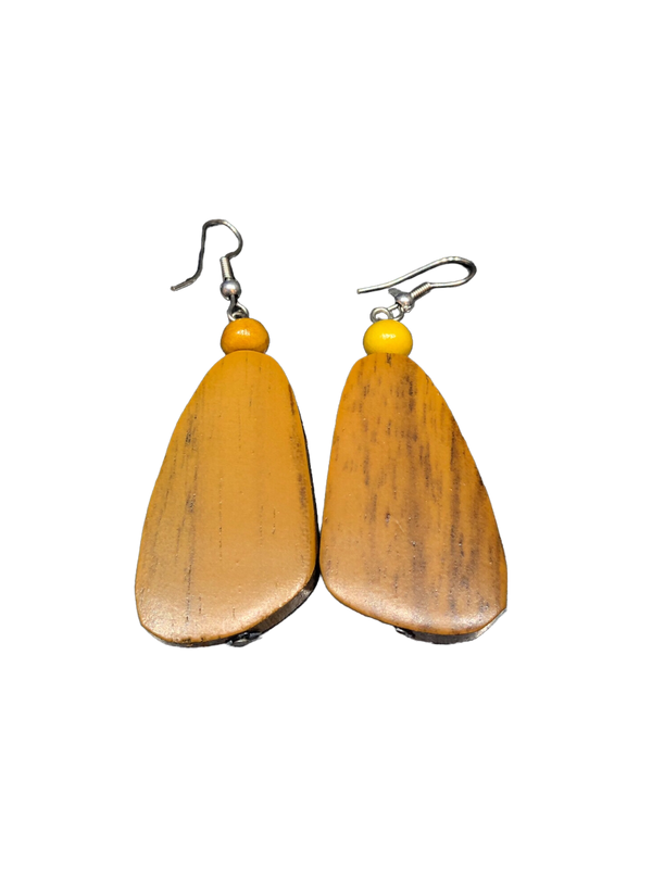 Mustard Oblong Wooden Earrings - chiangmaicctv slow fashion bryn walker sorry not sorry linen Hamilton sustainable fashion gifts sari not sari Hamilton Fair trade  Ethical  Artisan made  Zero waste  Up-cycled Slow Fashion  Handmade  GTA Toronto Copper Pure Upcycled vintage silk handmade recycled recycle copper pure silk travel clothing hamilton vacation cruisewear resortwear bathing suit bathingsuit vacation etsy silk clothing gifts gift dress top pants linen bryn walker alive intentions kaarigar elephants