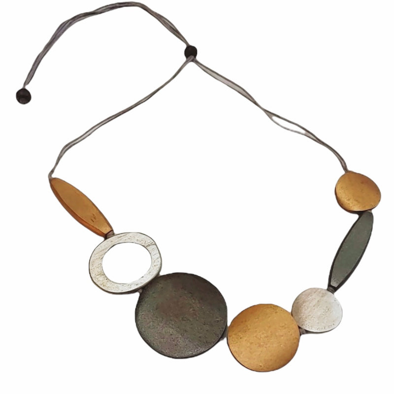 Silver Gold and Gray Mixed Shape Adjustable Wooden Necklace