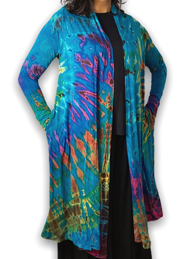 Turquoise Rainbow Long Tie Dye Cardigan - chiangmaicctv slow fashion bryn walker linen Hamilton sustainable fashion gifts sari not sari Hamilton Fair trade  Ethical  Artisan made  Zero waste  Up-cycled Slow Fashion  Handmade  GTA Toronto Copper Pure Upcycled vintage silk handmade recycled recycle copper pure silk travel clothing hamilton vacation cruisewear resortwear bathing suit bathingsuit vacation etsy silk clothing gifts gift dress top pants linen bryn walker alive intentions kaarigar elephants