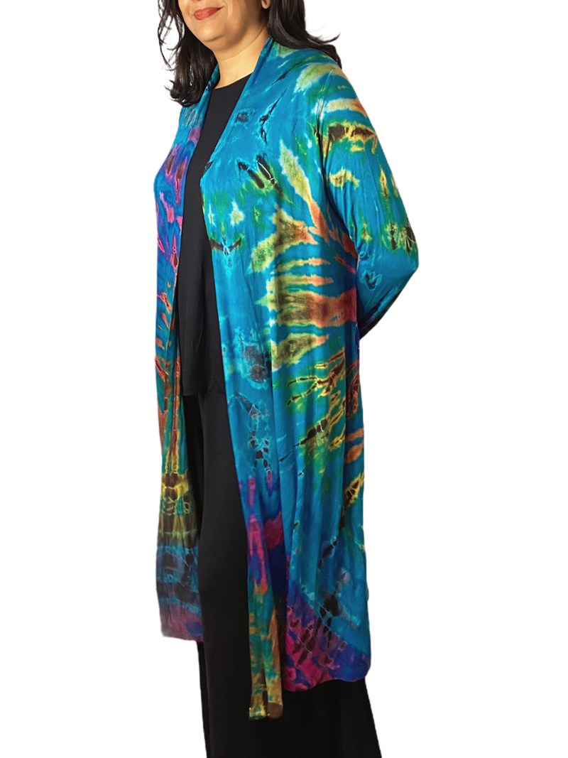 Turquoise Rainbow Long Tie Dye Cardigan - chiangmaicctv slow fashion bryn walker linen Hamilton sustainable fashion gifts sari not sari Hamilton Fair trade  Ethical  Artisan made  Zero waste  Up-cycled Slow Fashion  Handmade  GTA Toronto Copper Pure Upcycled vintage silk handmade recycled recycle copper pure silk travel clothing hamilton vacation cruisewear resortwear bathing suit bathingsuit vacation etsy silk clothing gifts gift dress top pants linen bryn walker alive intentions kaarigar elephants