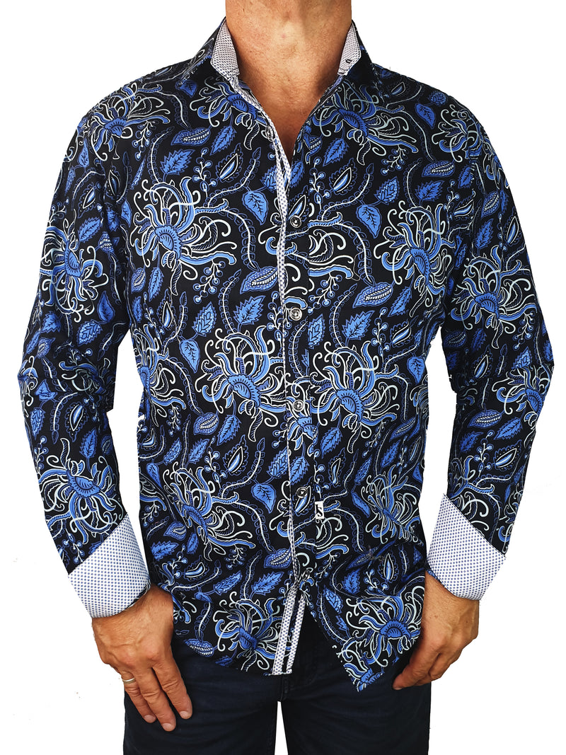 Octopus Abstract Cotton L/S Shirt - Blue/Black