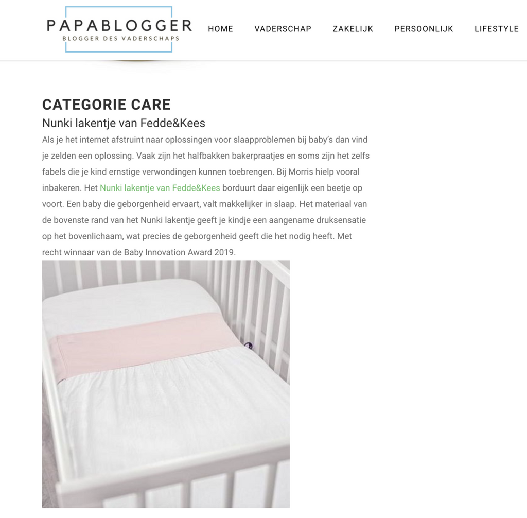 Papablogger.nl over het winnen van de baby Innovation Award 2019 met het Nunki lakentje van Fedde&Kees