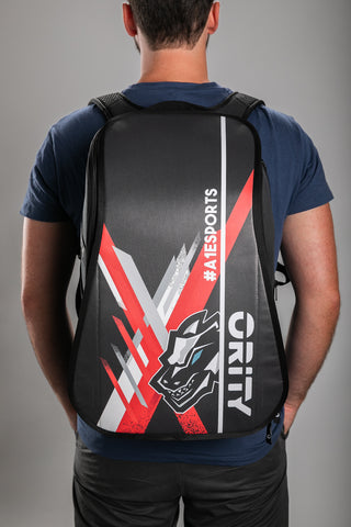 A1 eSports League Austria Rucksack auf getragen von männlichem Model, Blick auf den getragenen Rucksack