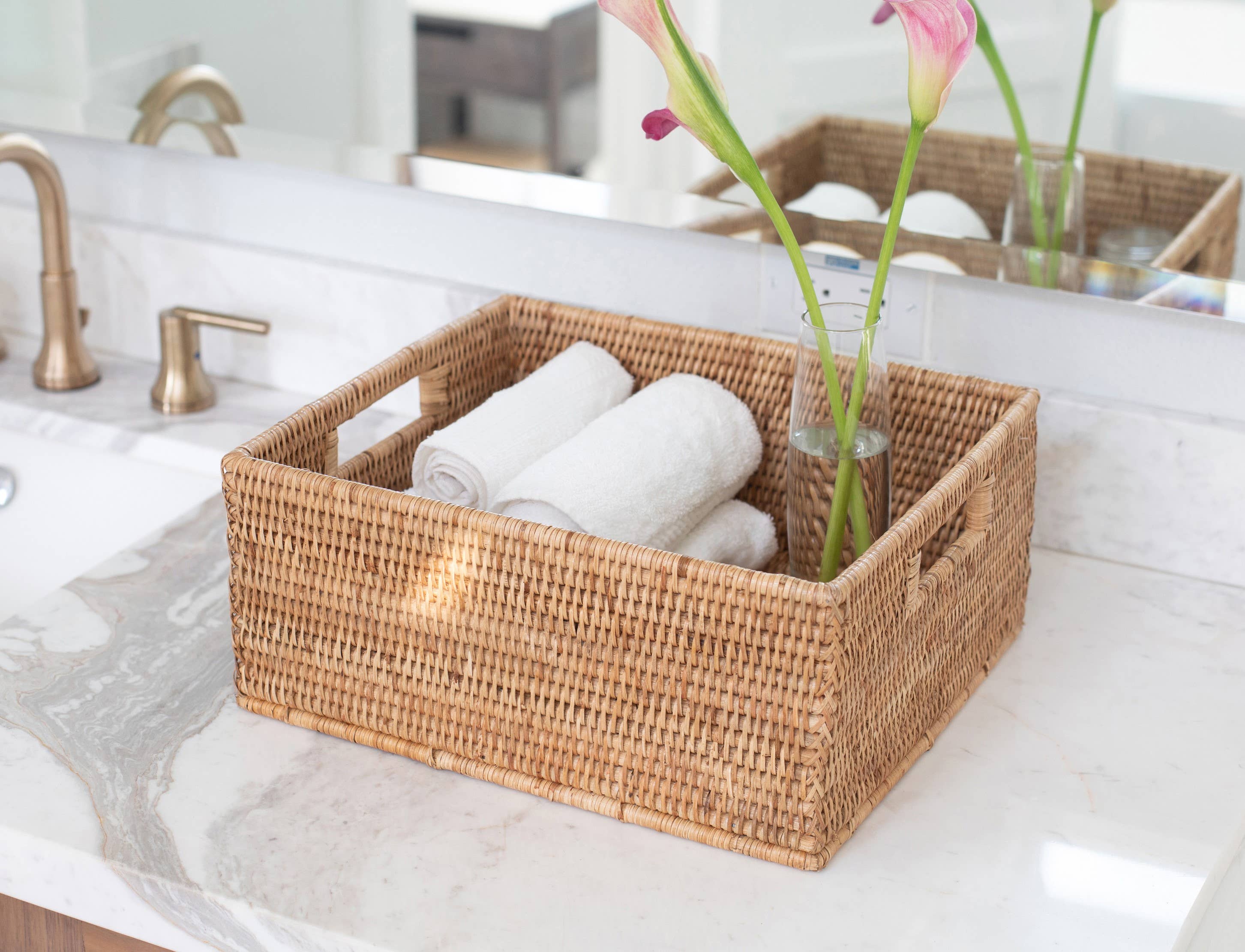 Artifacts Rattan™ Rectangular Basket with Cutout Handles: Honey Brown