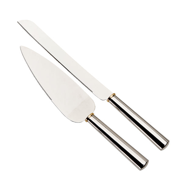 Wedding Cake Knife Server and Forks Set with Black Handle and Gold Ring