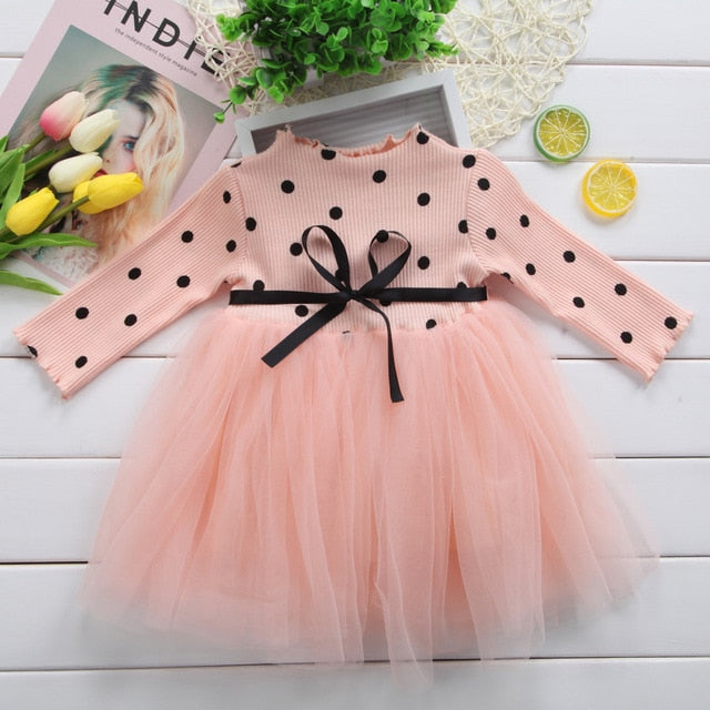 Baby Girls Dress Long Sleeve Polka Dot Lace Tutu Dress