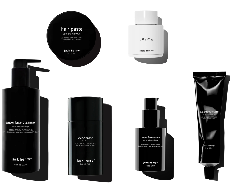 Collection of Jack Henry skincare products on a white background.