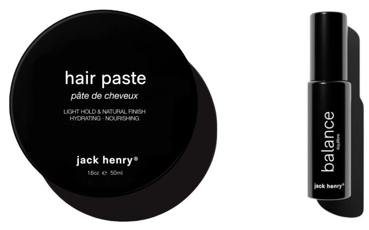 Hair paste and spray bottle by Jack Henry on a white background.