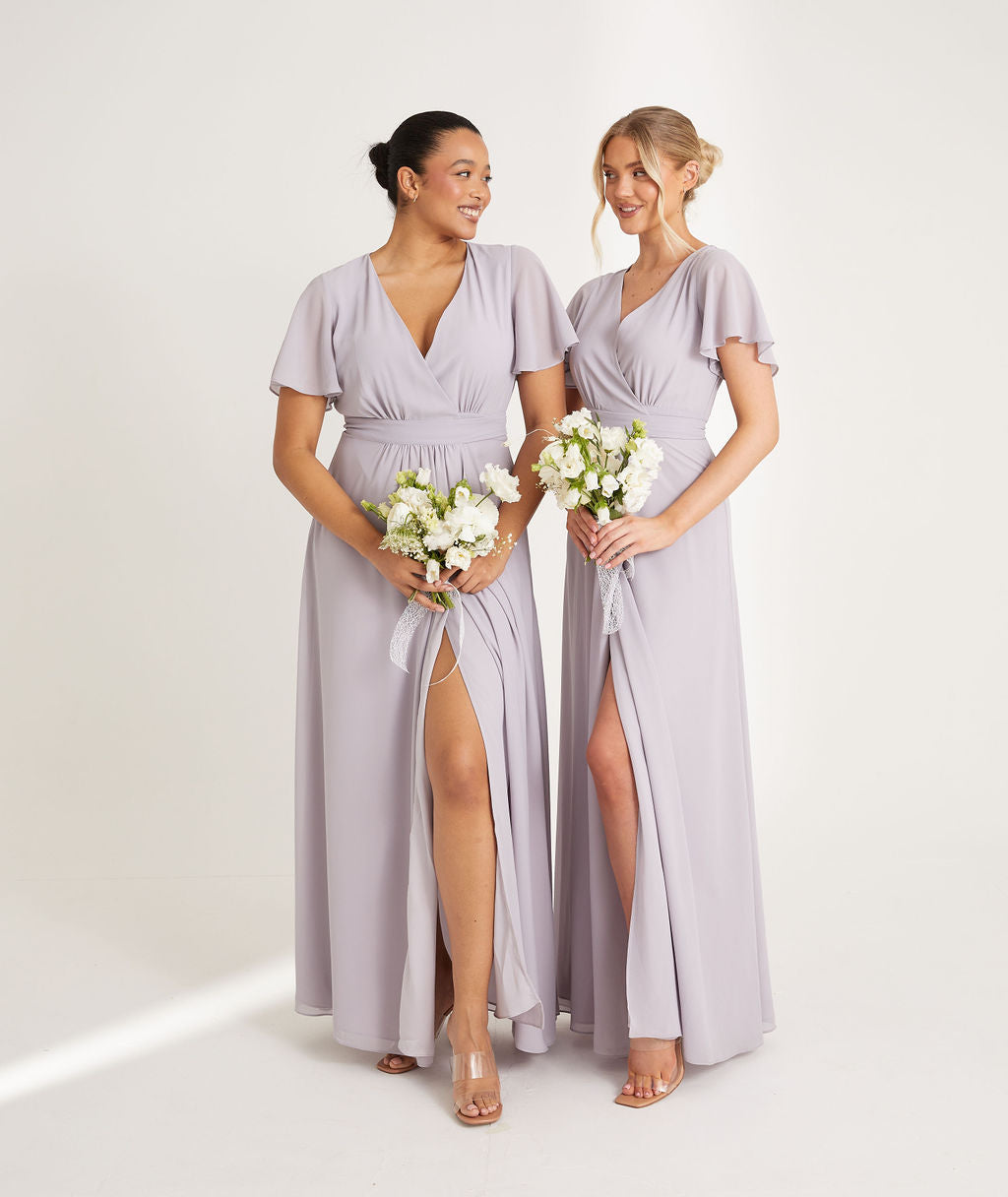 Image of Flutter Sleeve Wrap Tie Chiffon Bridesmaid Dress - Dusty Lilac