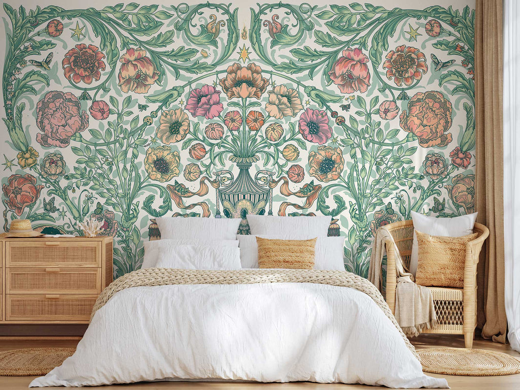 Papier peint panoramique Jardin Merveilleux - Vert tendre & Rose