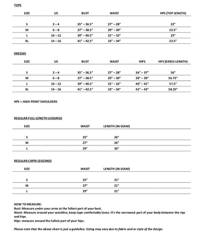 Size chart – BODIED ATHLETICS