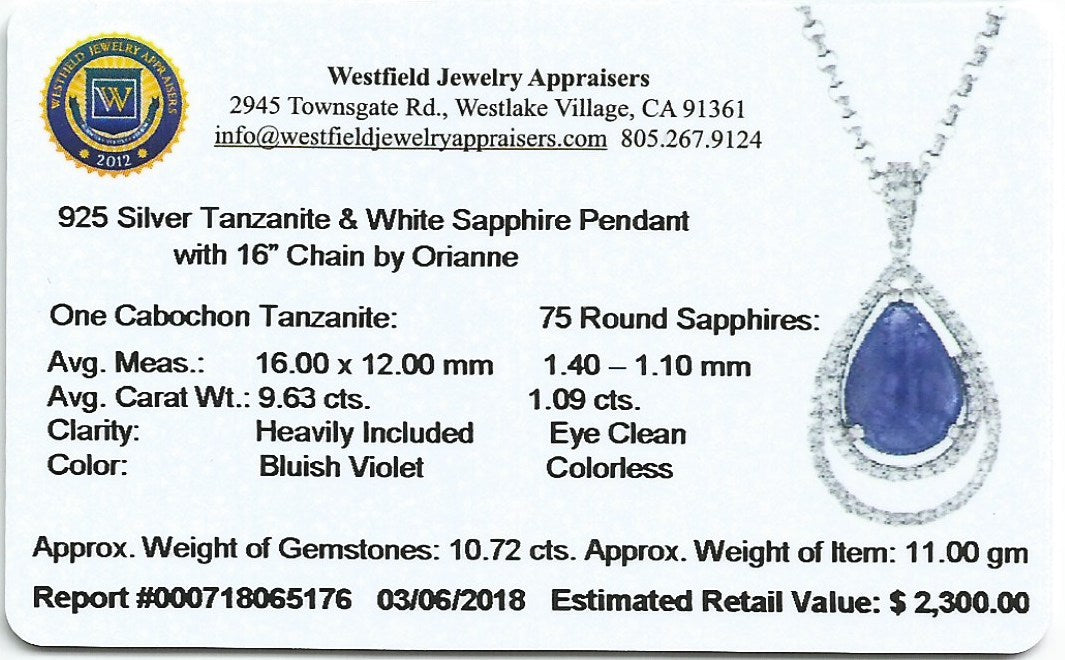 9.63ct Natural Tanzanite and 1.09ctw White Sapphire Pendant 16