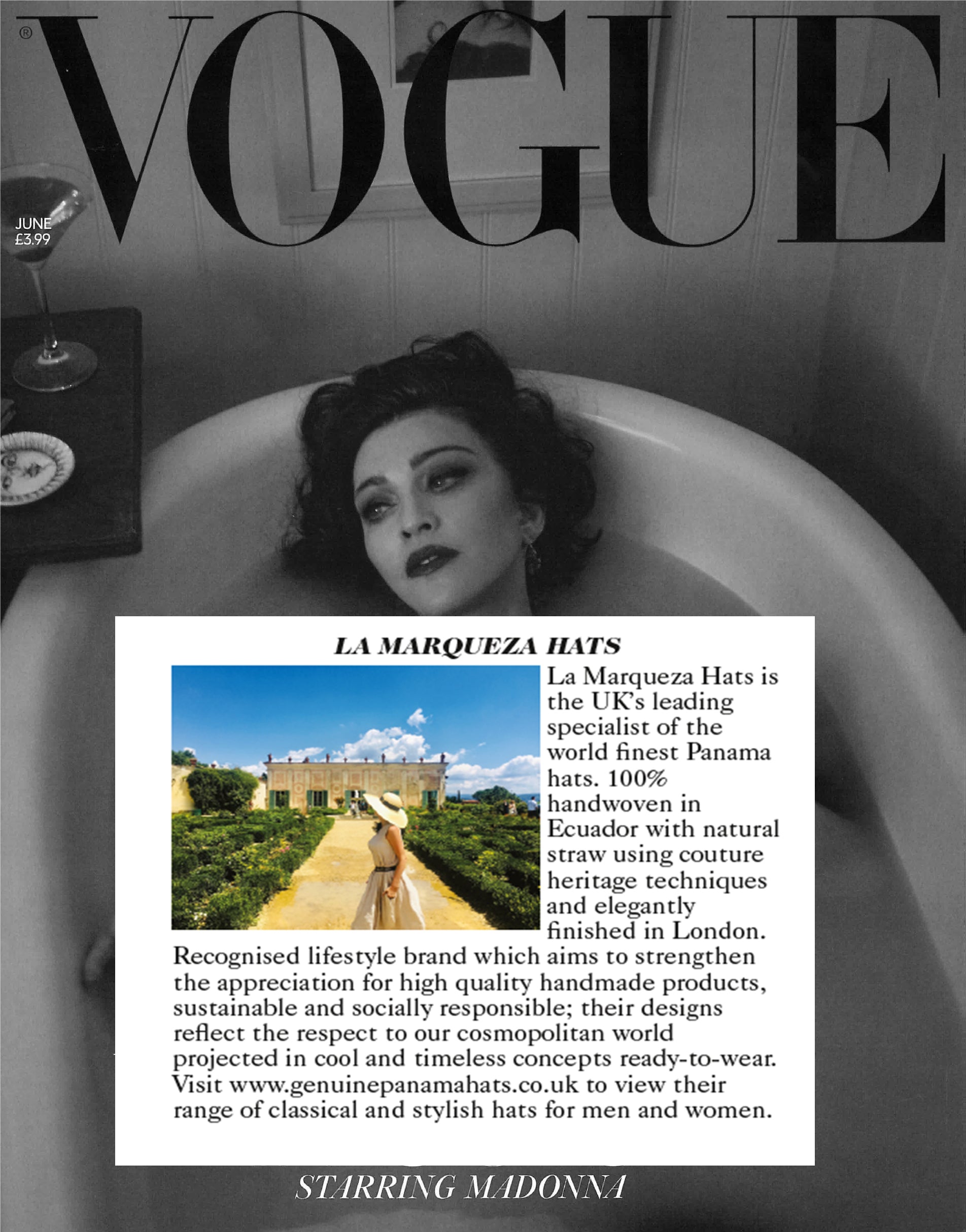Madona Cover Vogue Magazine and La Marqueza Hats best Panama Hats in UK