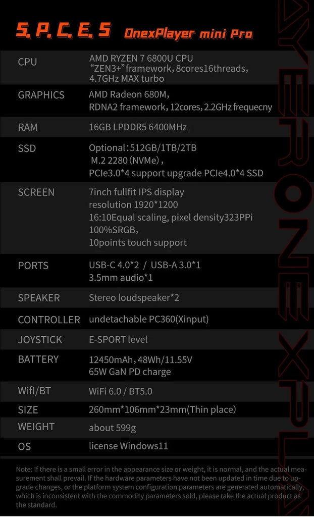 OneXPlayer mini pro 7 inch Handheld Gaming PC Console Laptop AMD Ryzen 7 6800U SSD Win11 WiFi6 IPS Touch Screen Notebook