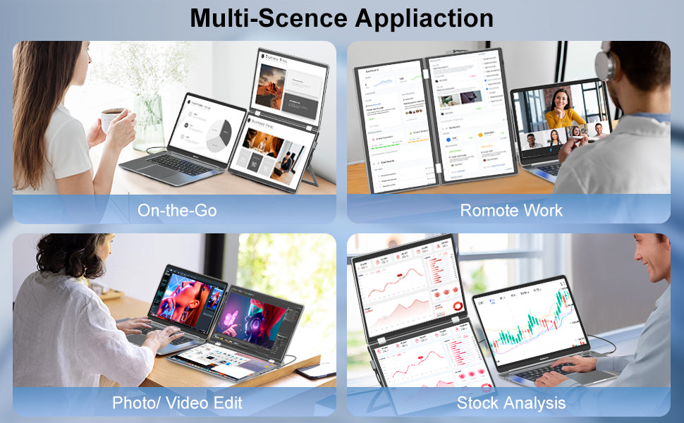 v2com Laptop Screen Extender Dual Screen 15.6" FHD Portable Monitor 1080P Folding Triple Monitor for Wins, Mac OS 360° Rotation
