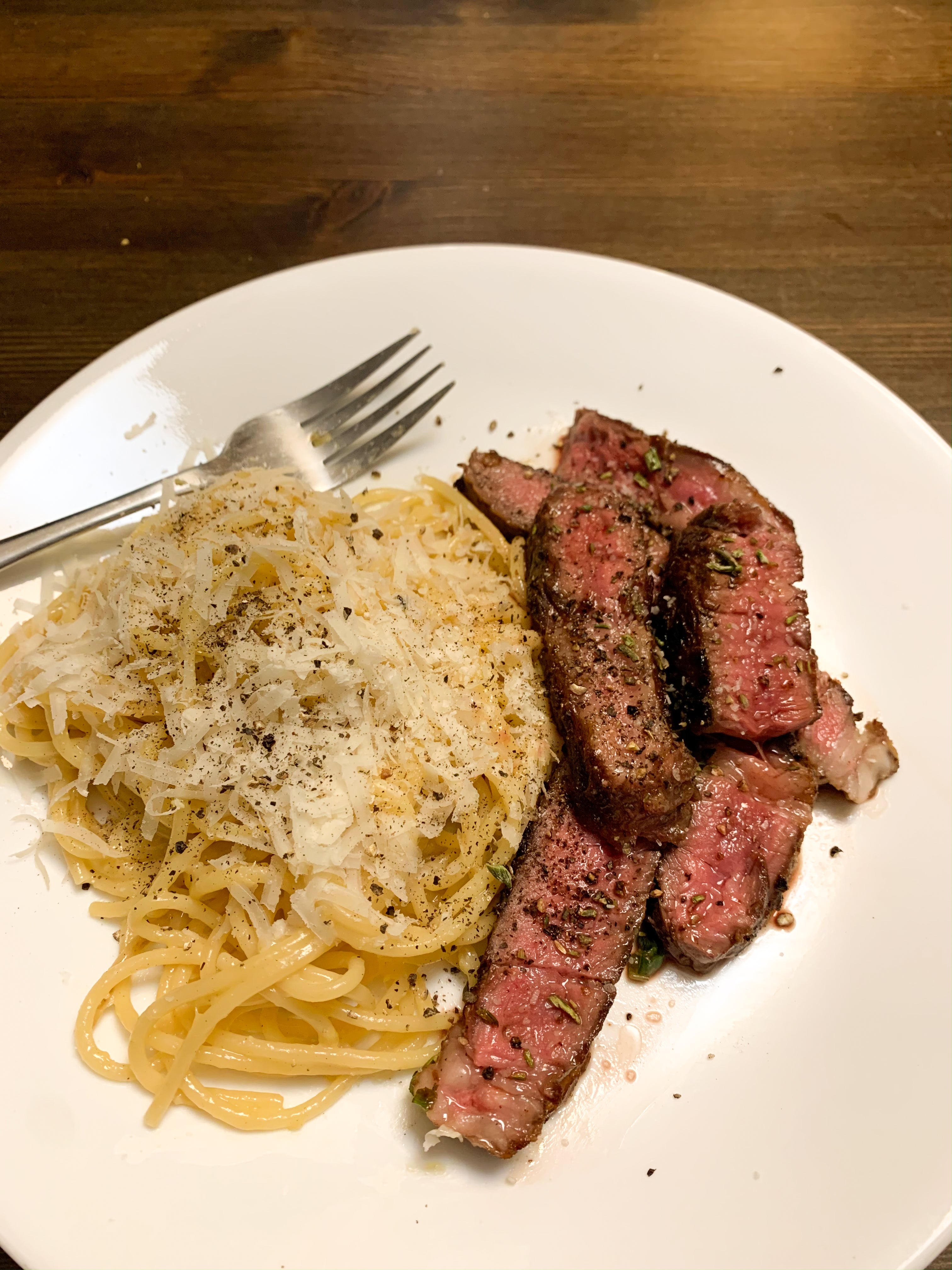 Brown butter-basted steak with easy carbonara