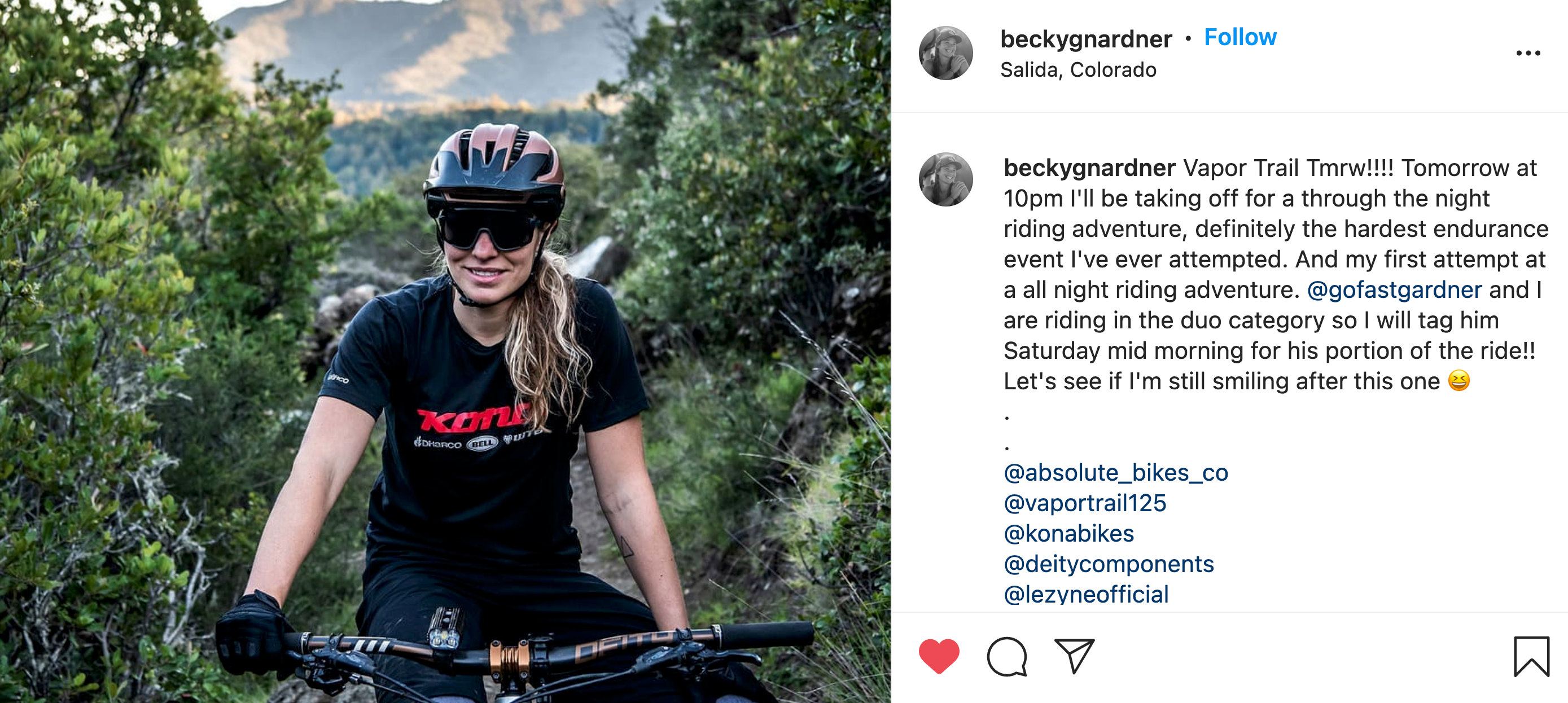 Becky's instagram post announcing her night riding adventure