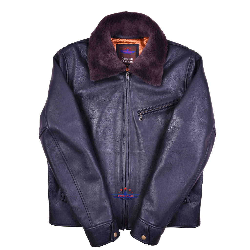 Men Winter Halfbelt Real Goatskin Leather Jacket with Mouton Fur Collar