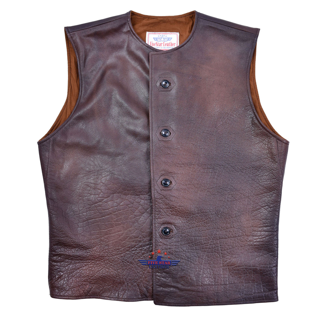 MEN'S VINTAGE DISTRESSED BROWN BUFFALO WWII BRITISH LEATHER JERKIN VEST