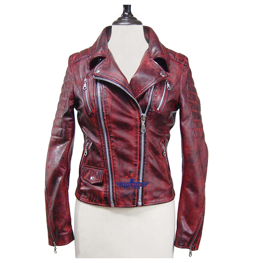 Women Oxblood Real Sheep Leather Jacket Biker style Washed Distressed ...