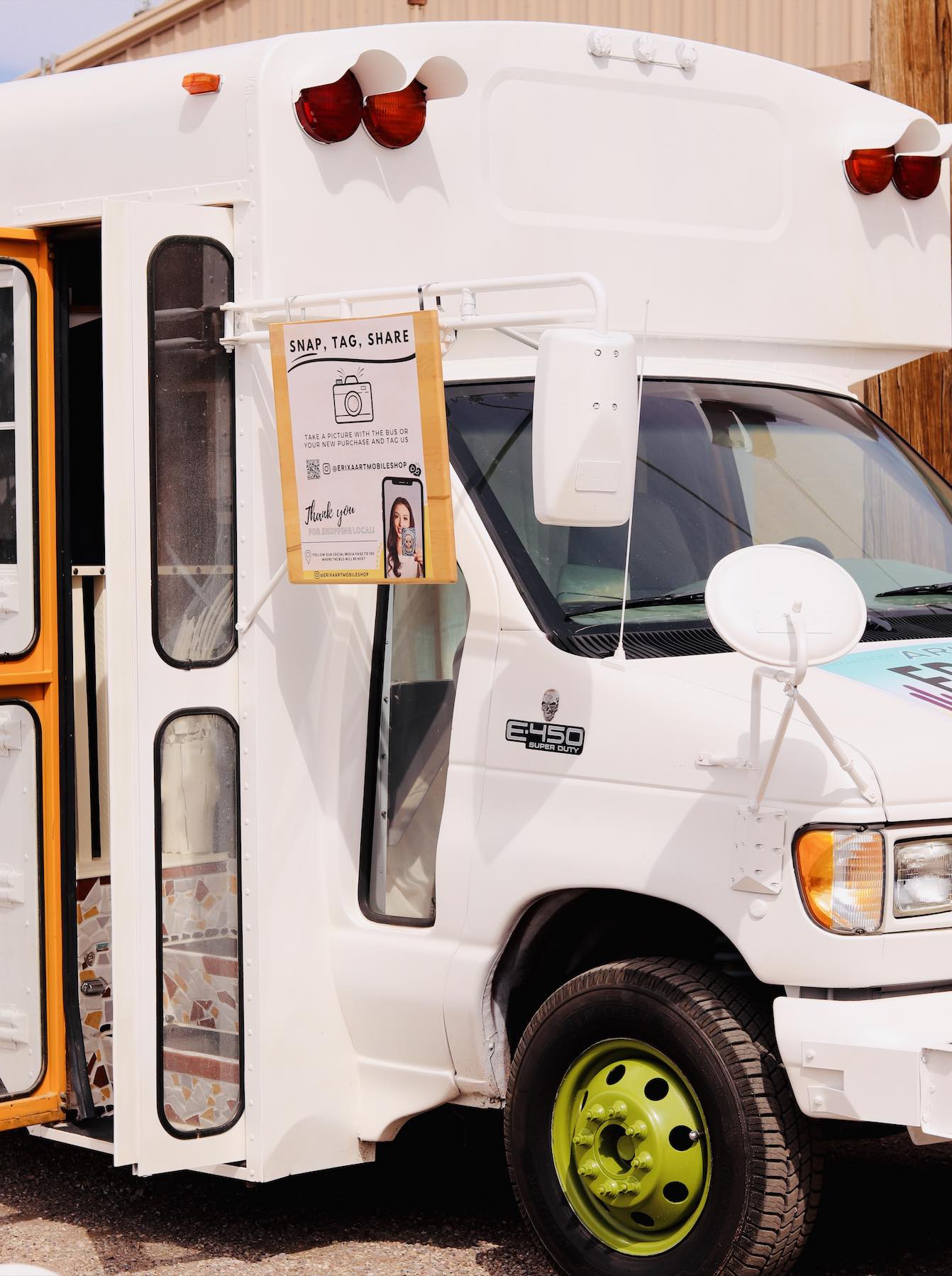 Erixaart school bus, white school bus, Tucson, AZ mobile shop.