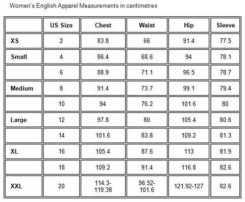 Ariat Women's English Apparel Measurements in centimetres