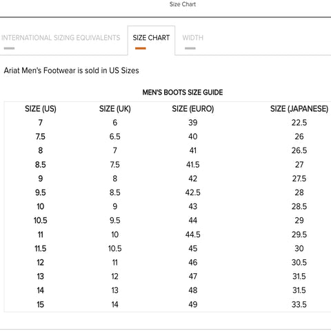 Ariat Mens Footwear Size Guide