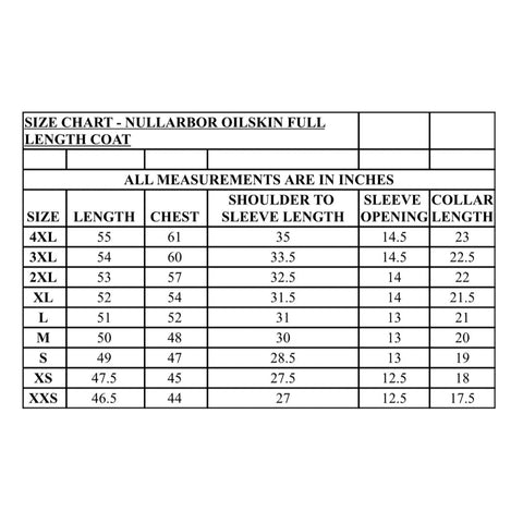 Nullarbor Oilskin Coat Full Length Size Chart