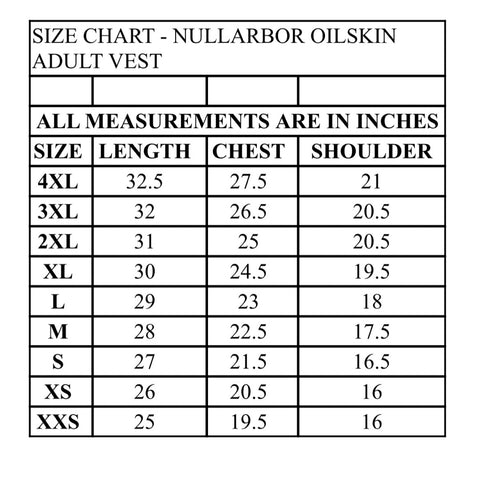 Nullarbor Oilskin Vest Size Chart