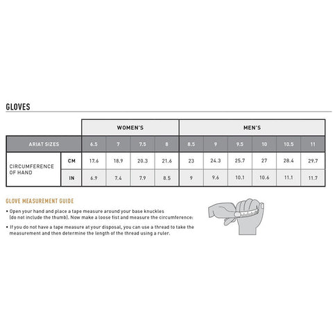 Ariat TEK Glove size Chart