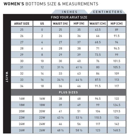 Ariat womens jeans and pants size guide