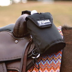 A black Cashel Water Bottle holder attached the pommel of a western saddle.
