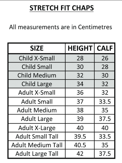 Dublin Chaps Size Chart