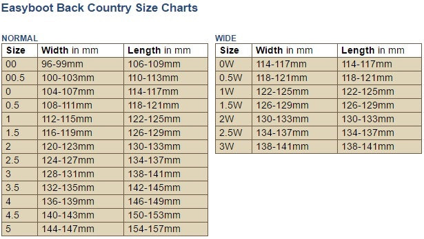 easyboot back country size chart