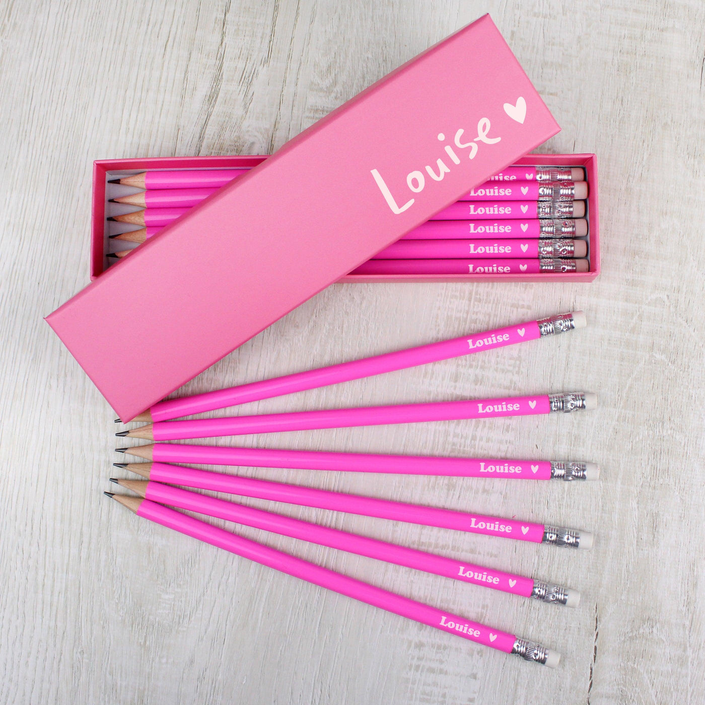 Personalised Heart Box and 12 Pink HB Pencils - Shop Personalised Gifts